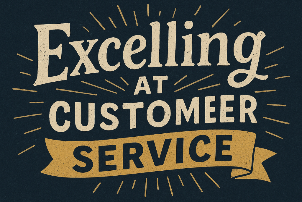 Excelling at Customer Service illustrated in bold vintage typography, symbolizing the impact of thoughtful, above-and-beyond service that builds customer loyalty.