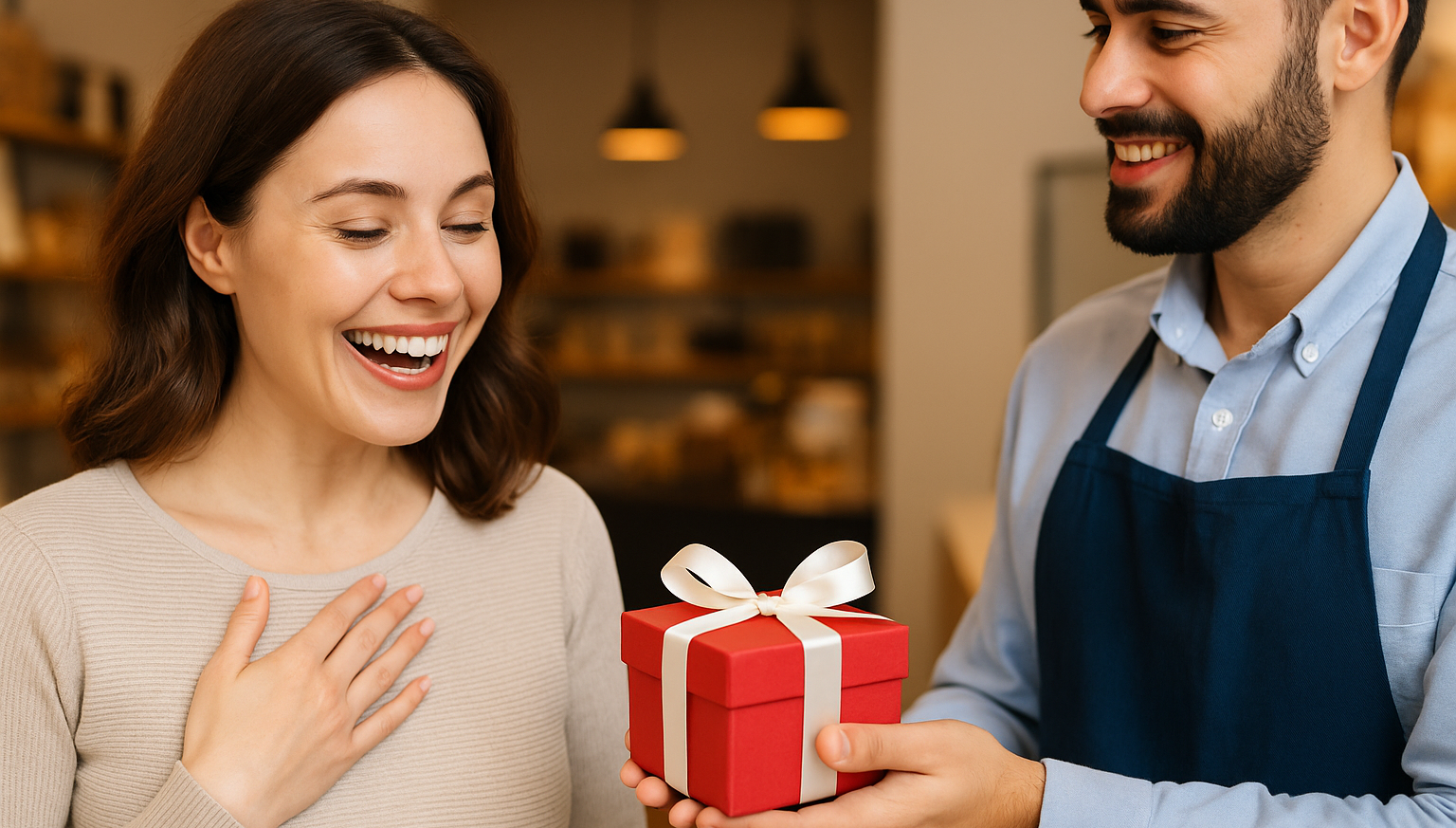 customer smiling while receiving a surprise reward from a loyalty program
